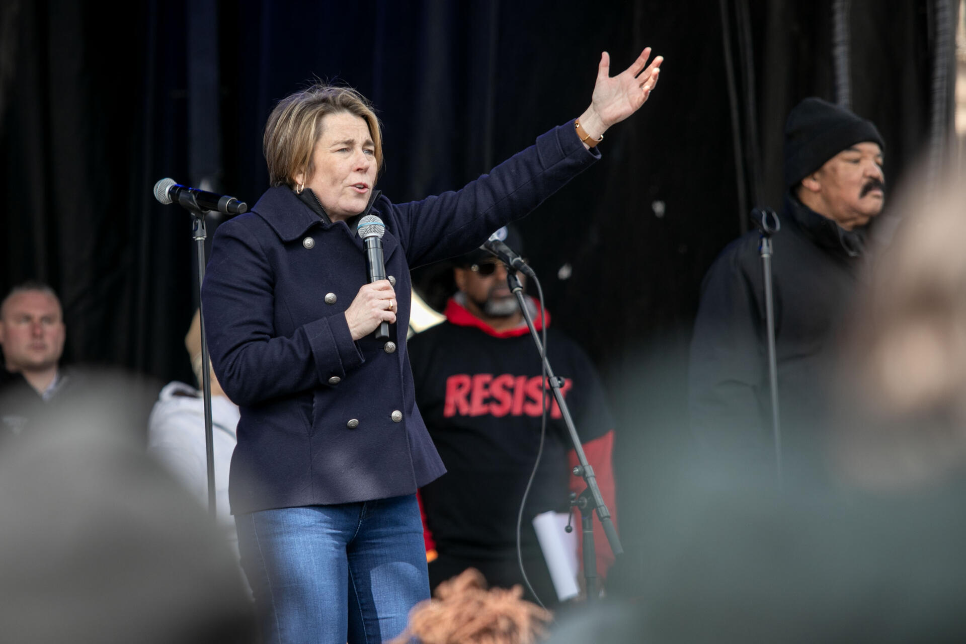 Gov. Maura Healey addresses the crowd gathered at Boston's "No Kings" rally on Boston Common on Saturday. (Robin Lubbock/WBUR)