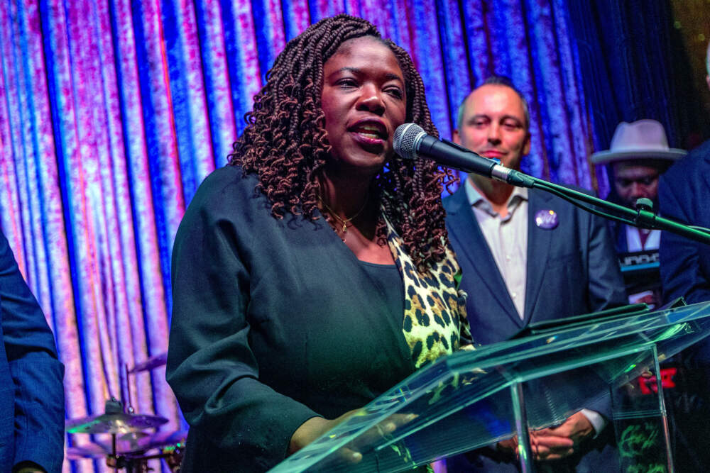 City Councilor Ruthzee Louijeune speaks to supporters after Mayor Michelle Wu declared victory on Nov. 4, 2025. (Jesse Costa/WBUR file)