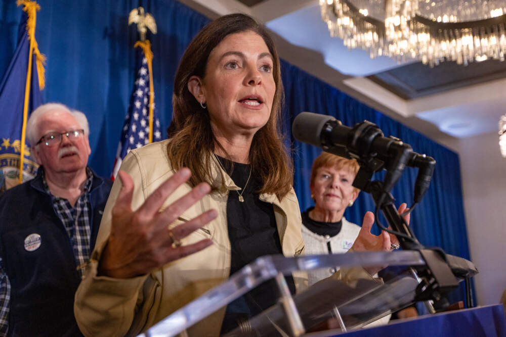 Kelly Ayotte addresses supporters at an election night celebration at Artisan at Tuscan Village in Salem, Nov. 5, 2024. (Jesse Costa/WBUR)