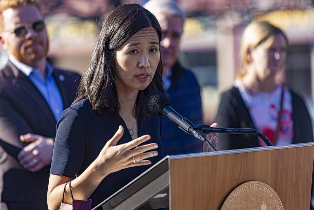 Mayor Michelle Wu addresses the news media at Ashmont Station in November 2021, announcing plans towards an expansion of fare-free bus service in Boston on the 23, 28 and 29 bus routes for a two-year period. (Jesse Costa/WBUR)