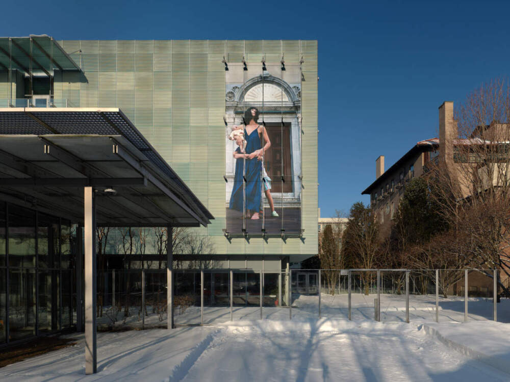 Jamie Diamond's "Monstra Te Esse Matrem" (2026) installed on the Isabella Stewart Gardner Museum's façade. (Courtesy Isabella Stewart Gardner Museum)