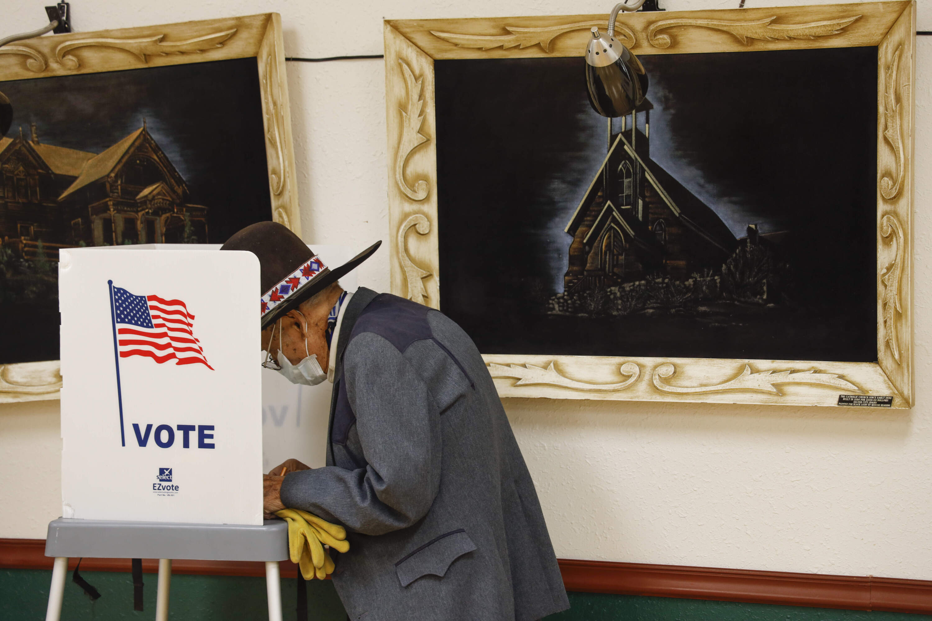 A voter fills out his ballot at the Owyhee County Museum on Election Day, in Murphy, Idaho, on Tuesday, Nov. 3, 2020. (Otto Kitsinger/AP)