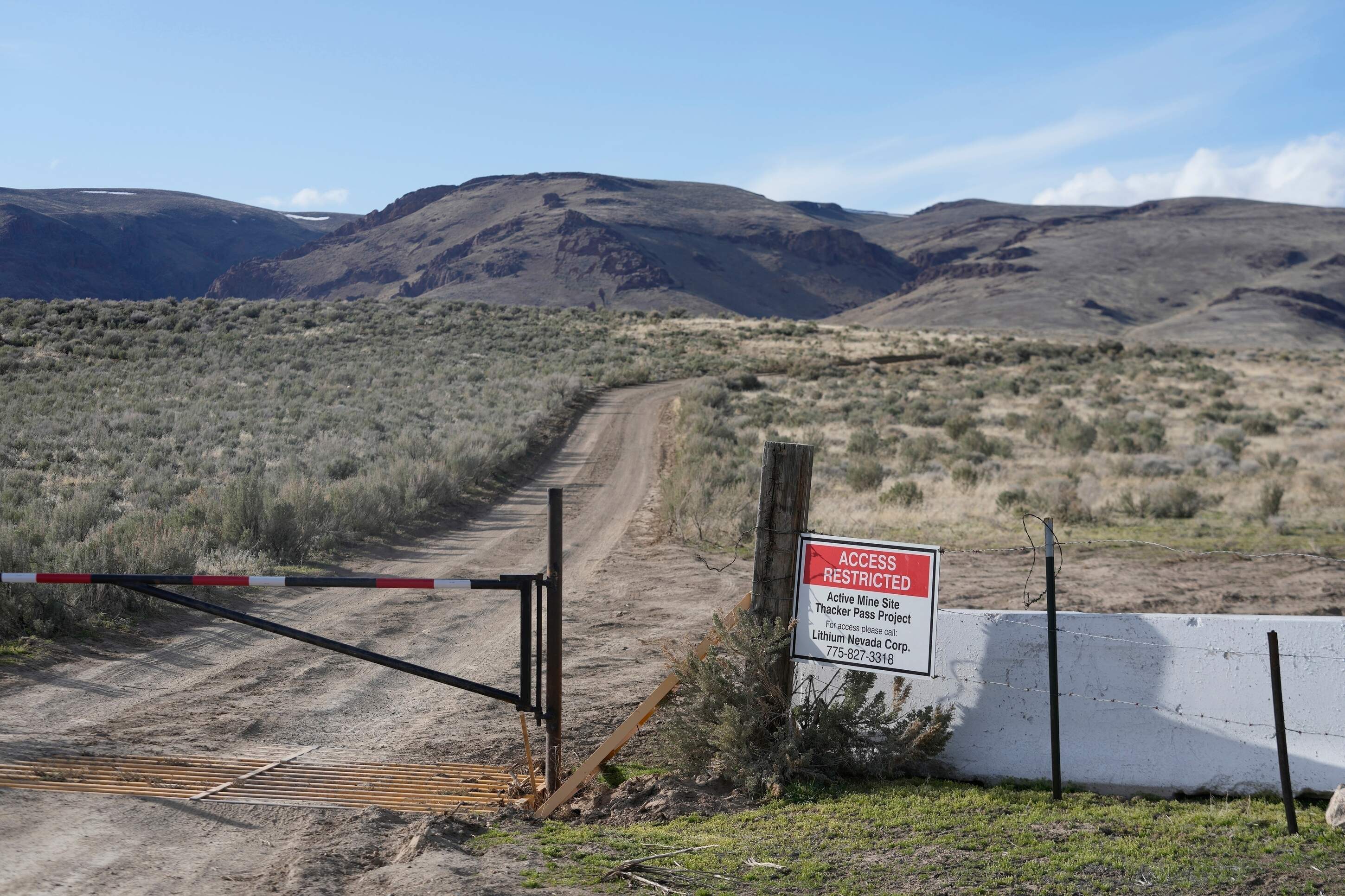 An "Access Restricted" sign is displayed at the Lithium Nevada Corp. mine site at Thacker Pass, April 24, 2023, near Orovada, Nev. (Rick Bowmer/AP)