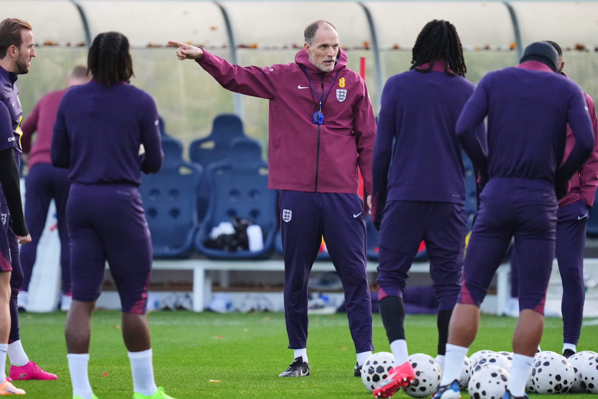 England's manager Thomas Tuchel talks to players during a training session. (Kirsty Wigglesworth/AP)