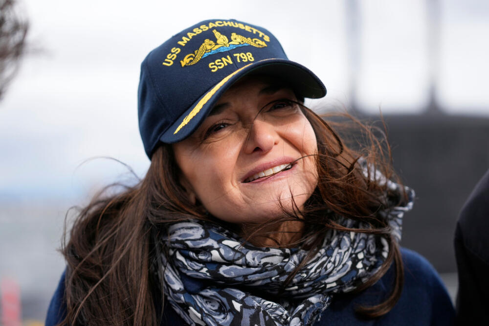 Sheryl Sandberg, the ship sponsor of the USS Massachusetts, attends a rehearsal ahead of the commissioning of the Navy's newest nuclear-powered attack submarine, Friday, March 27, 2026, in Boston. (Robert F. Bukaty/AP)