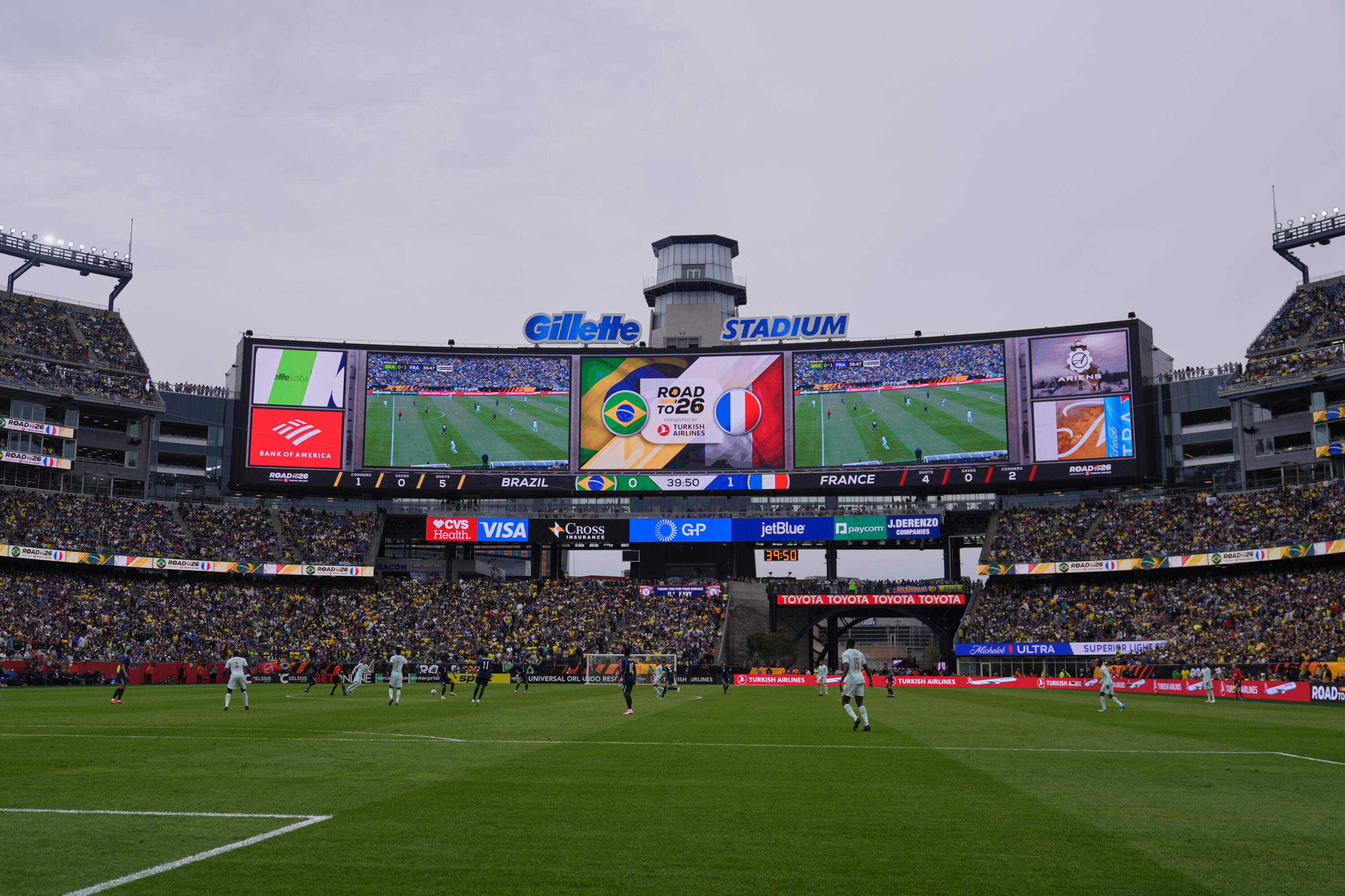 A general view of play during the international friendly soccer match last week between Brazil and France in Foxborough.