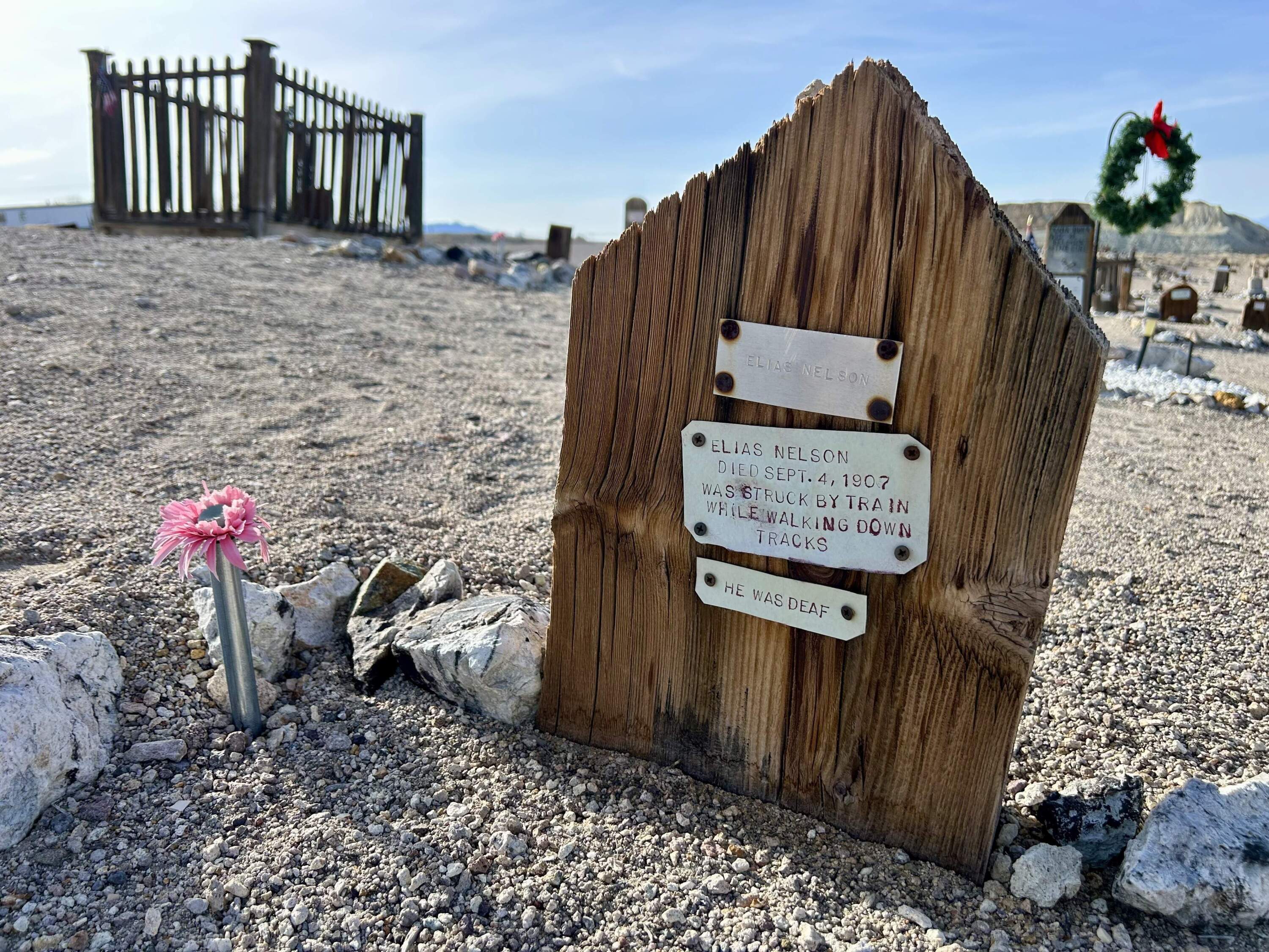 The Old Tonopah Cemetery is a point of pride in town. Miners who died in the Belmont Mine fire of 1911 are buried there. (Peter O’Dowd/Here &amp; Now)
