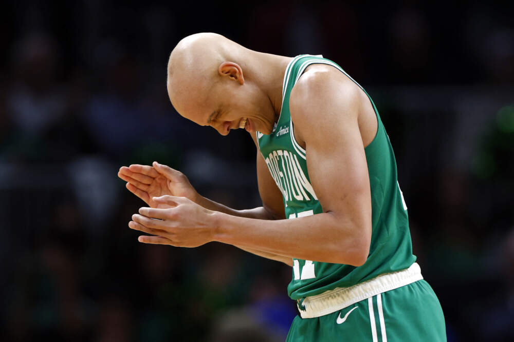Boston Celtics' Jordan Walsh celebrates during a game against the New York Knicks at TD Garden on December 2, 2025. (Danielle Parhizkaran/The Boston Globe via Getty Images)