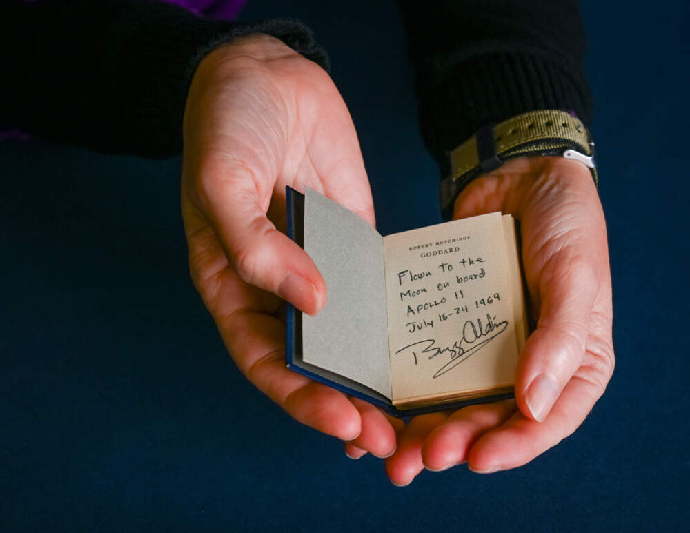A copy of a biography about Robert Goddard, taken to space and signed by Buzz Aldrin. (Photo courtesy of Clark University)