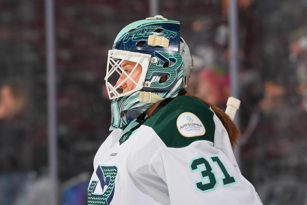 Fleet goalie Aerin Frankel skates during warm up prior to the PWHL game against the New York Sirens on February 12, 2025. (Rich Graessle/Getty Images)