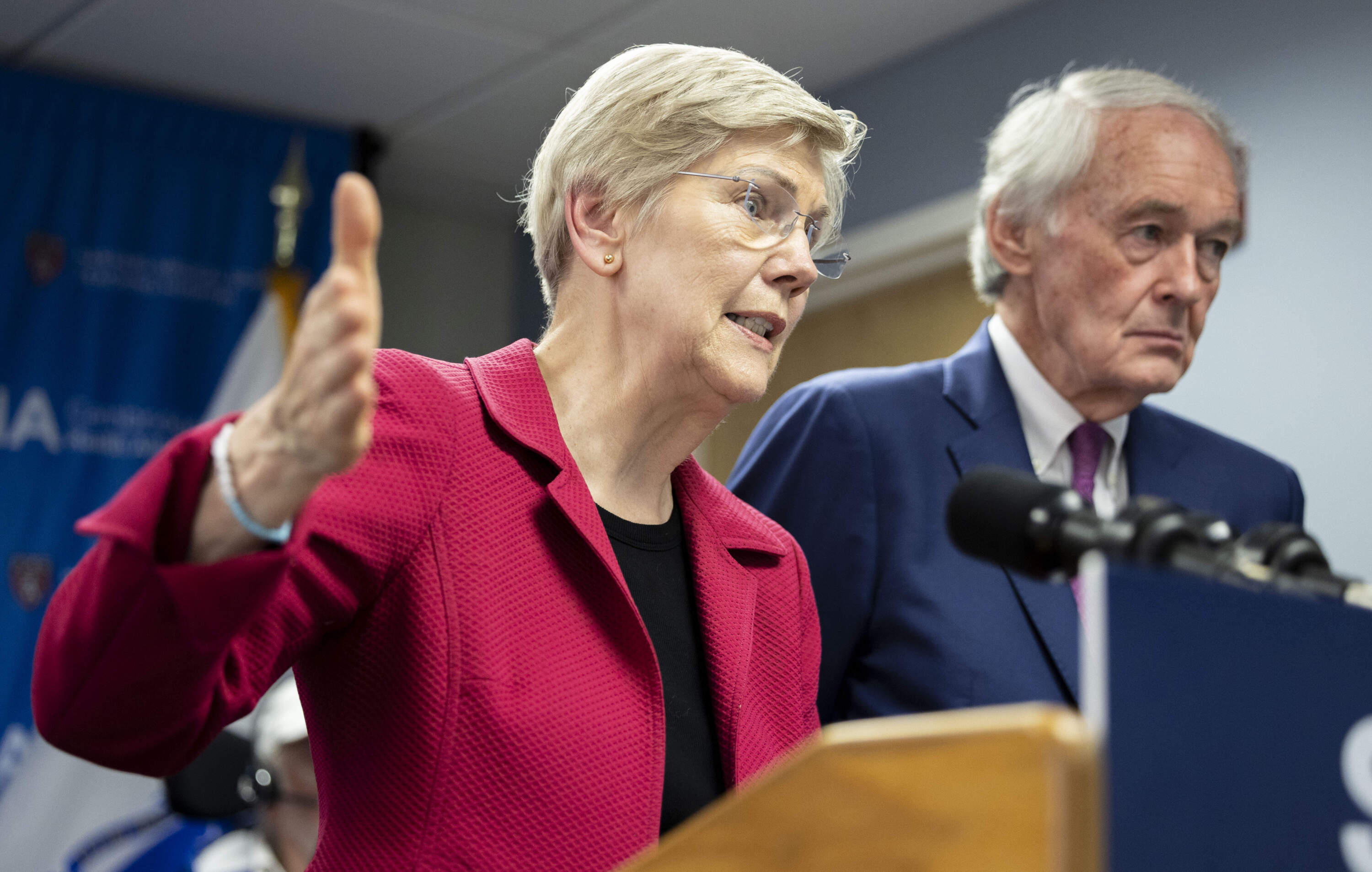 Senators Elizabeth Warren and Ed Markey during an event in May 2025. (Brett Phelps/The Boston Globe via Getty Images)