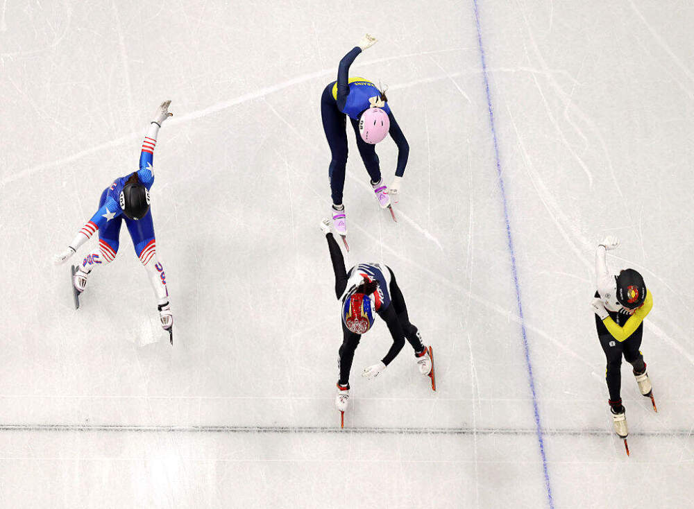 Minjeong Choi of Team Republic of Korea, Julie Letai of Team United States, Hanne Desmet of Team Belgium and Yelyzaveta Sydorko of Team Ukraine competes in heat 6 during the Short Track Speed Skating Women's 500m on day four of the Milano Cortina 2026 Winter Olympic games at Milano Ice Skating Arena on February 10, 2026 in Milan, Italy. (Photo by Jared C. Tilton/Getty Images)