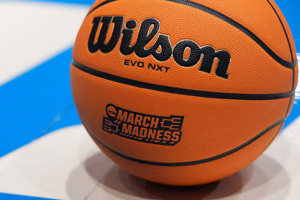 A detailed view of a "March Madness" logo on a basketball before the Lehigh Mountain Hawks take on the Prairie View A&M Panthers during the 2026 NCAA Men's Basketball Tournament on March 18 in Dayton, Ohio. (Dylan Buell/Getty Images)