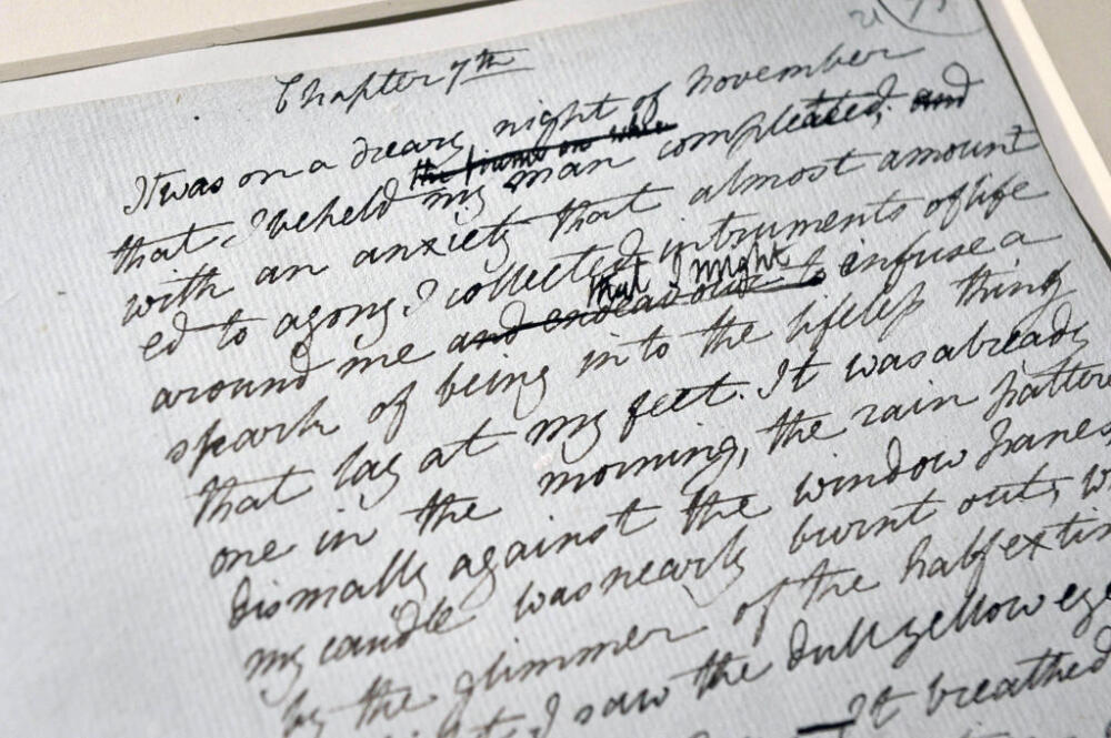A page from the original manuscript of Mary Shelley's Frankenstein, where Victor Frankenstein first describes the awakening of the "monster," which was part of an international exhibition at the Oxford University Bodleian library. (Ben Birchall/PA Images via Getty Images)