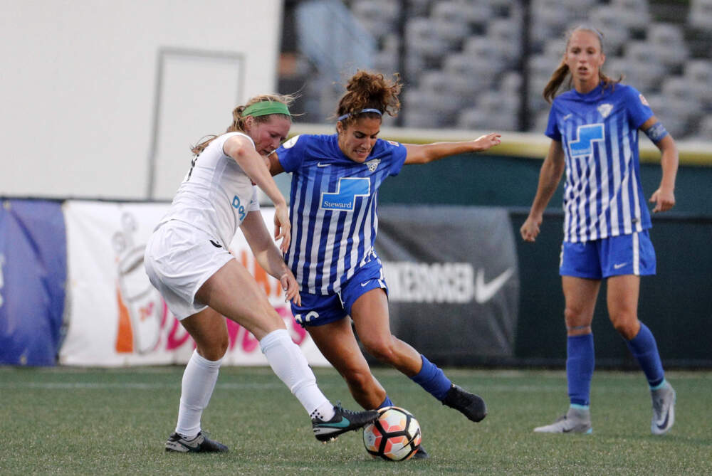 Boston Breakers midfielder Angela Salem (26) defends against FC Kansas City forward Maegan Kelly (44) during an NWSL match on August 4, 2017, at Jordan Field in Boston. (Fred Kfoury III/Getty Images)