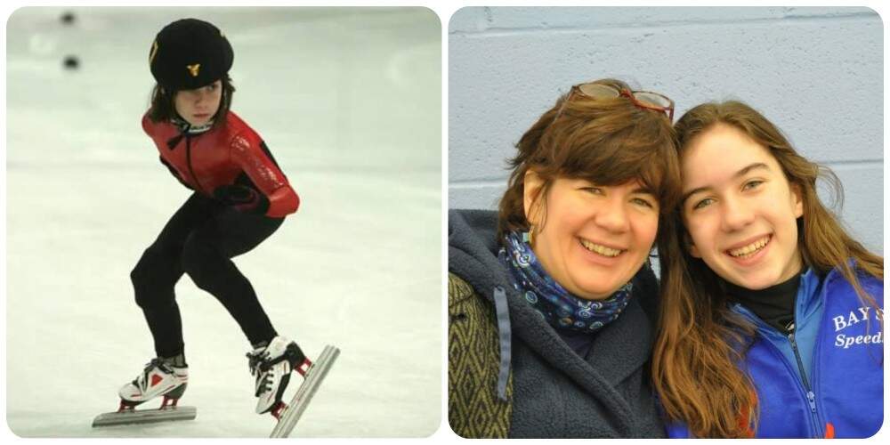 Julie Letai as a child at a regional meet at Bay State Speedskating in Walpole, MA, in 2010 (left), and the author and her daughter, Julie, at Age Group Nationals in Omaha, NE, in 2013 (right). (Courtesy Jean Letai)