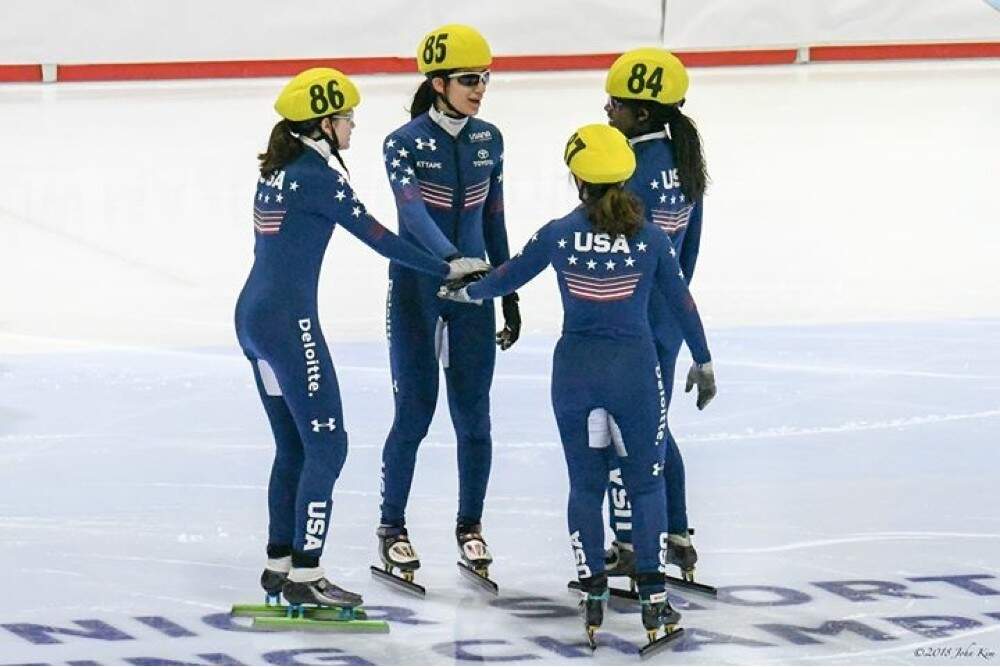 Julie Letai and teammates at the 2018 Junior Worlds in Poland for short track speedskating relay. (Courtesy Jean Letai)