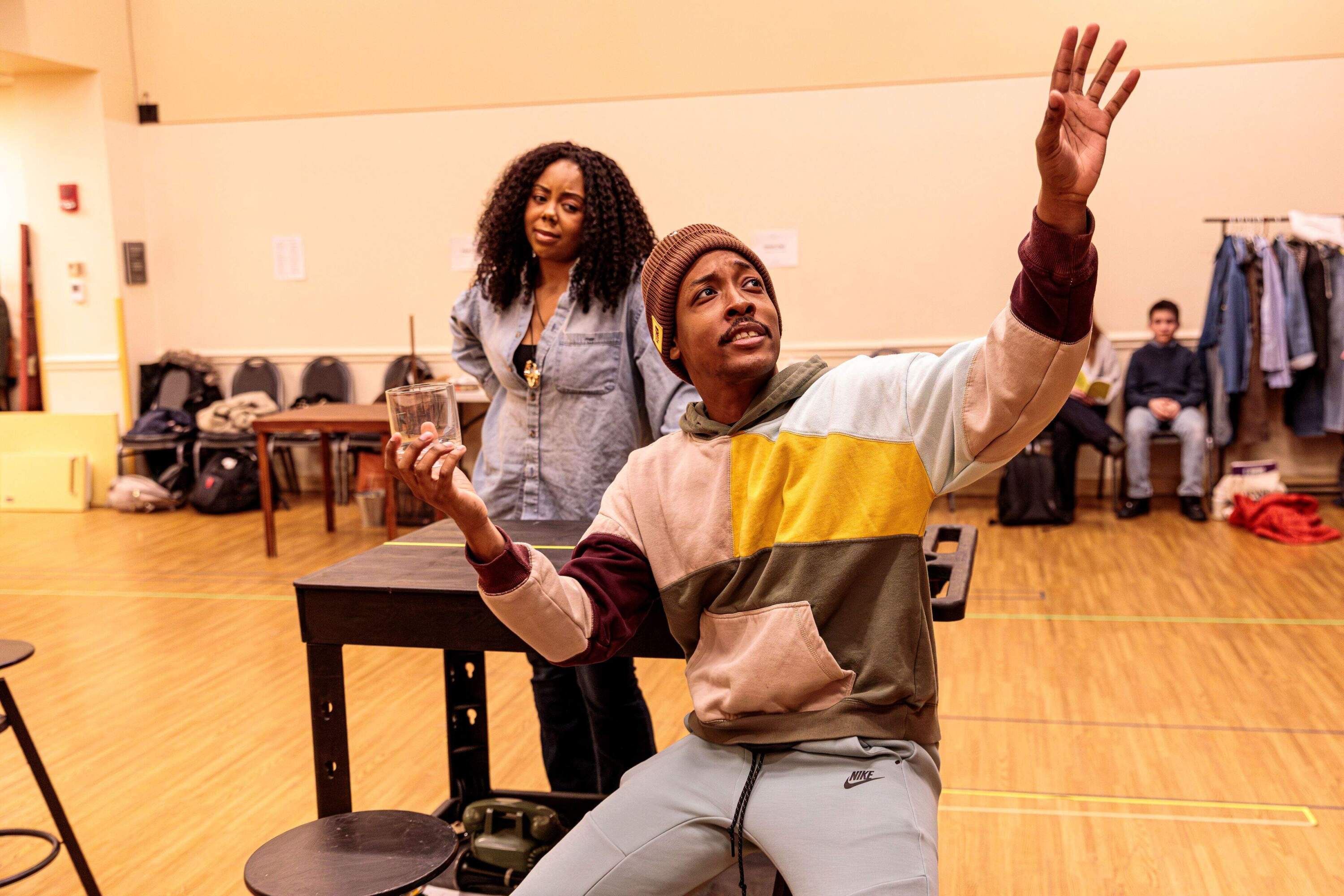 Kelsey Fonise and Anderson Stinson III in rehearsal for SpeakEasy Stage's production of "The Antiquities." (Courtesy Benjamin Rose Photography)