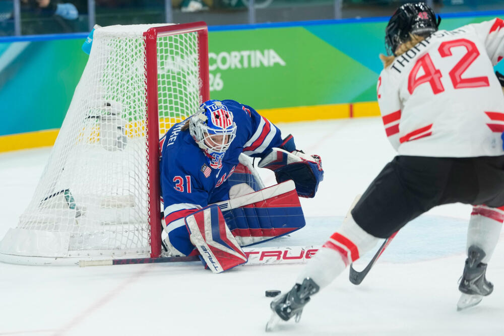 United States' Aerin Frankel makes a save during a women's ice hockey gold medal game between the United States and Canada at the 2026 Winter Olympics, in Milan, Italy, Thursday, Feb. 19, 2026. (Petr David Josek/AP)