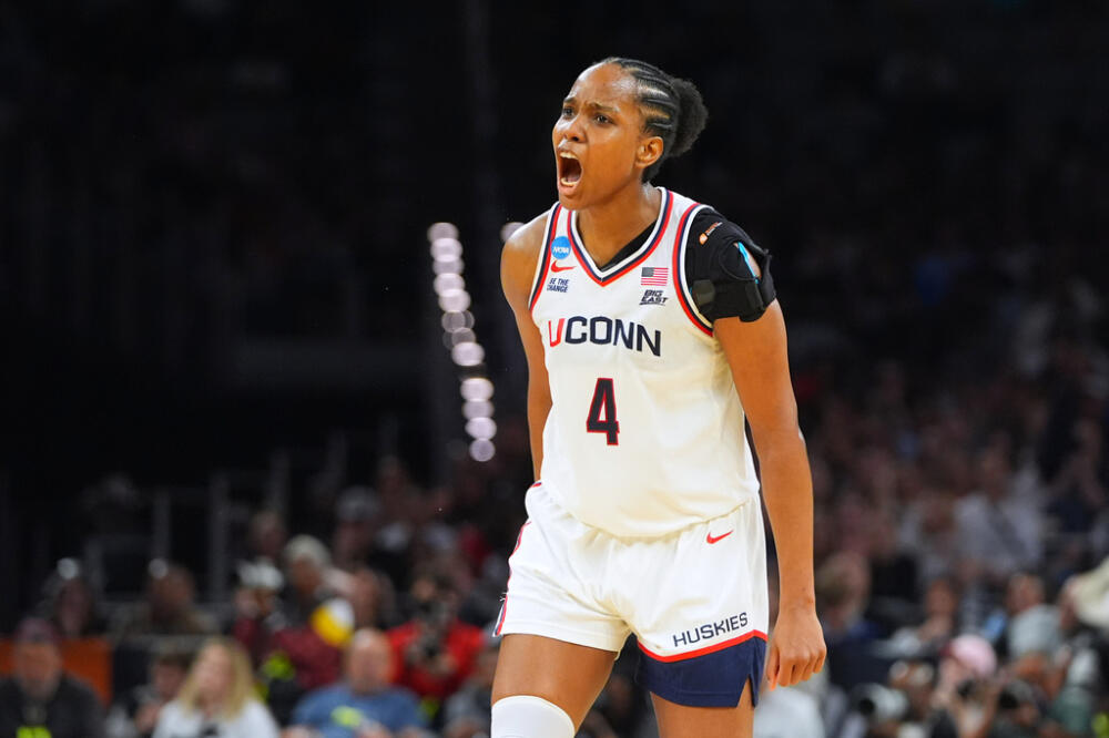 UConn forward Blanca QuiÒonez reacts after scoring a three-point basket against the Notre Dame, Sunday, March 29, 2026, in Fort Worth, Texas. (LM Otero/AP)