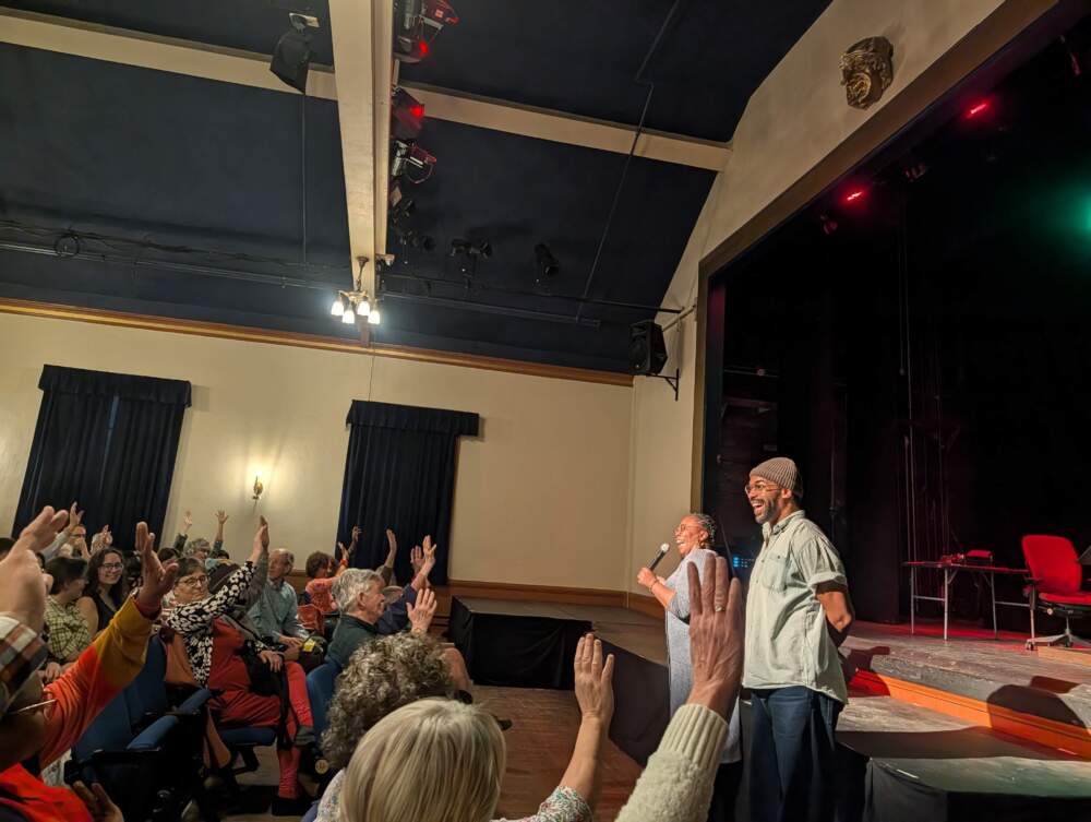 Playwright Mfoniso Udofia and director Josiah Davis speak to the crowd at an in-process presentation of "Lifted." (Courtesy Wellesley Repertory Theatre)