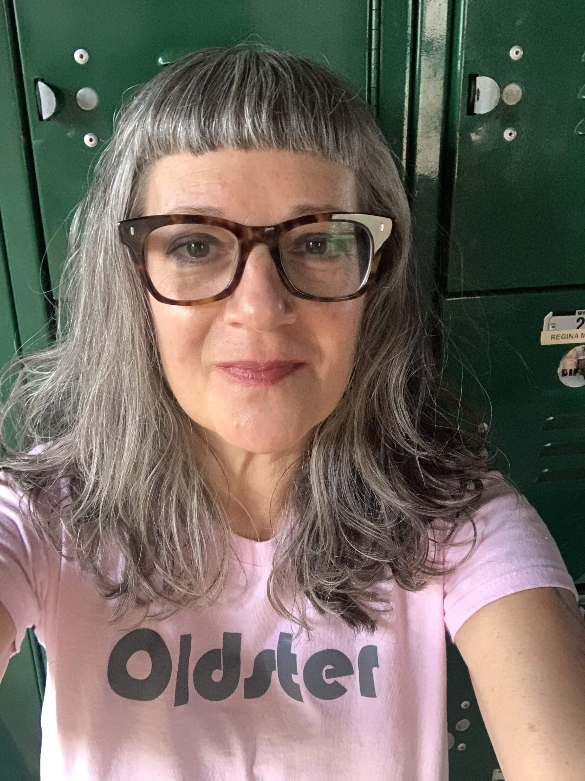 Sari Botton wears a shirt with her newsletter's name "Oldster" on it. (Courtesy of Sari Botton)