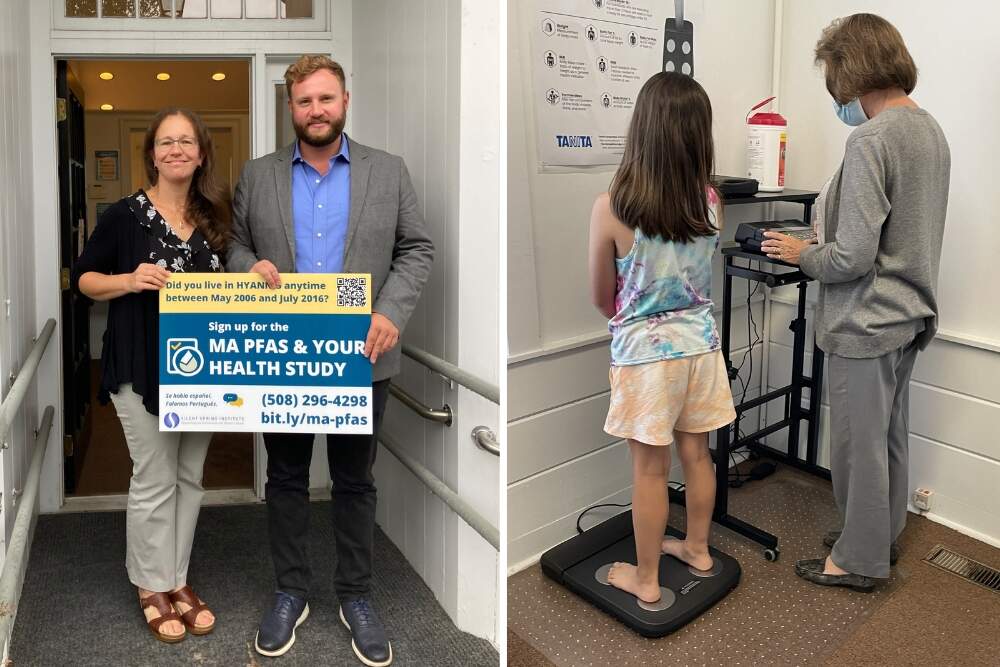 (Left). Laurel Schaider with Senator Julian Cyr at the Hyannis field office for the Massachusetts PFAS and Your Health Study. (Right) Child participant at study field office.