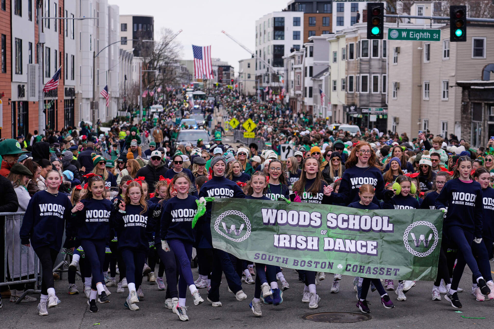 Irish dancers step dance down Dorchester Avenue during Boston's annual St. Patrick's Day parade, March 15, 2026. (Charles Krupa/AP)