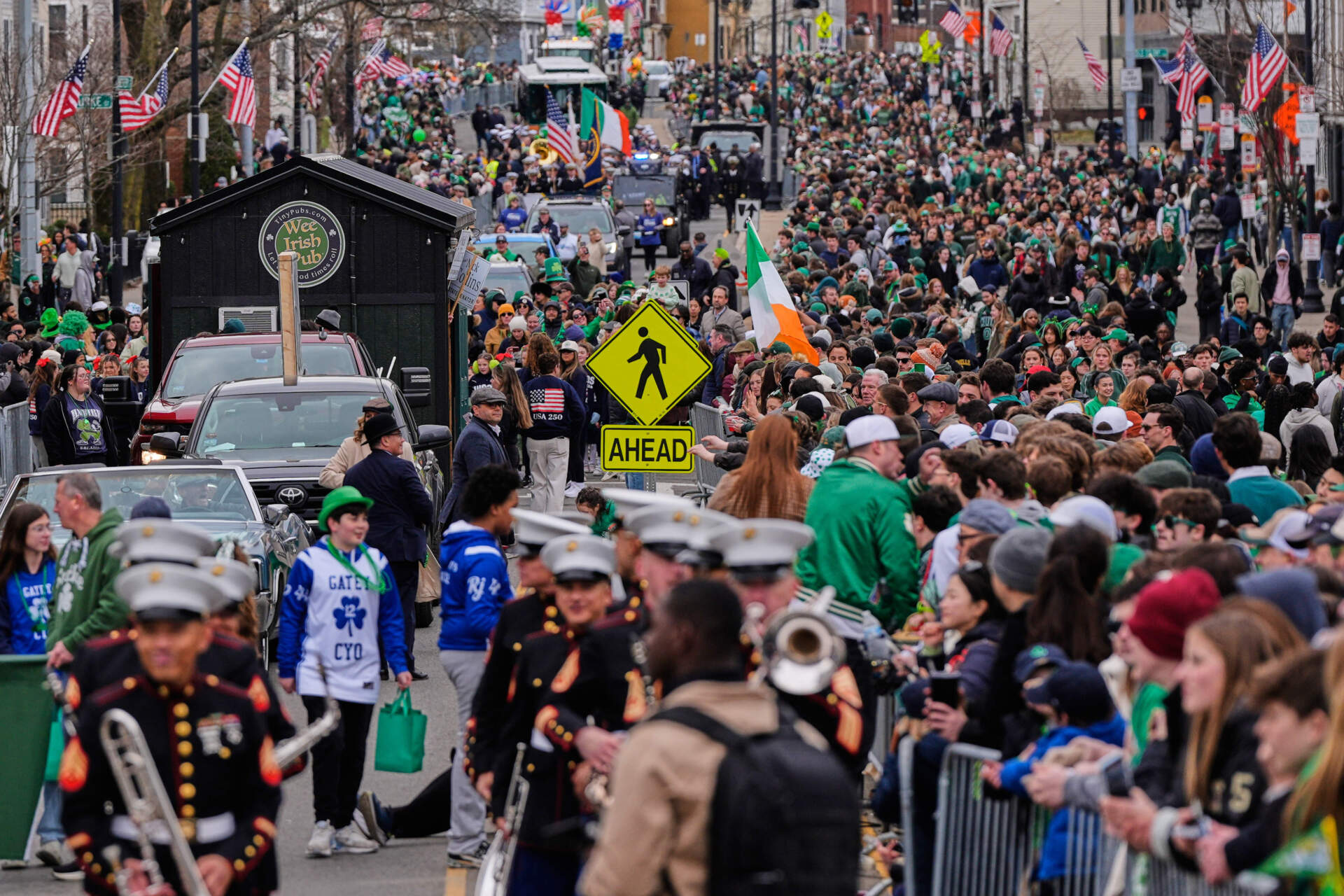 Marchers and floats pass hundreds of thousands of spectators during the annual St. Patrick's Day parade through South Boston, Sunday, March 15, 2026, in Boston. (Charles Krupa/AP)