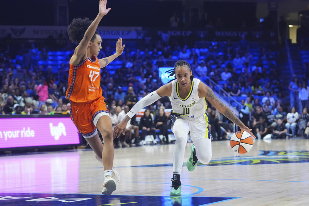 Dallas Wings guard Aziaha James (10) drives against Connecticut Sun guard Leila Lacan (47) during the second half of a WNBA basketball game in Arlington, Texas, Wednesday, Aug. 27, 2025. (LM Otero/AP)