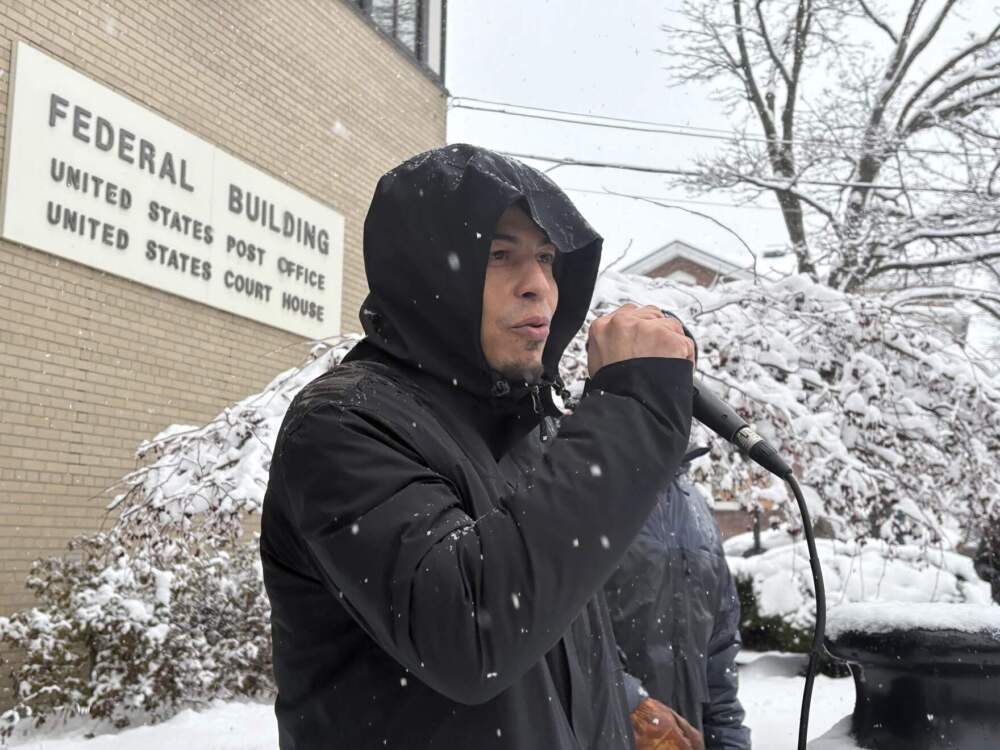Christian Jerez Andrade thanks activists during a rally outside the federal courthouse in Burlington on Friday, March 20. (Derek Brouwer/Vermont Public)