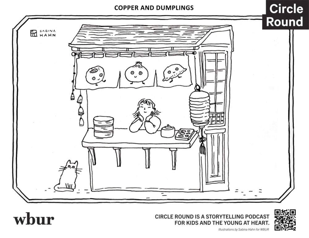 A dumpling seller and a cat. (Sabina Hahn for WBUR)