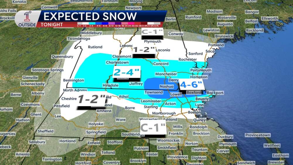 The predicted snow accumulation overnight from Thursday to Friday. (Danielle Noyes/1DegreeOutside)