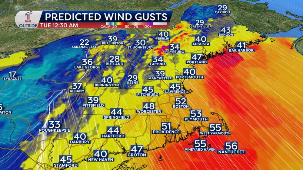 Expected wind gusts just after midnight on Tuesday, March 17, 2026. (Danielle Noyes/1DegreeOutside)