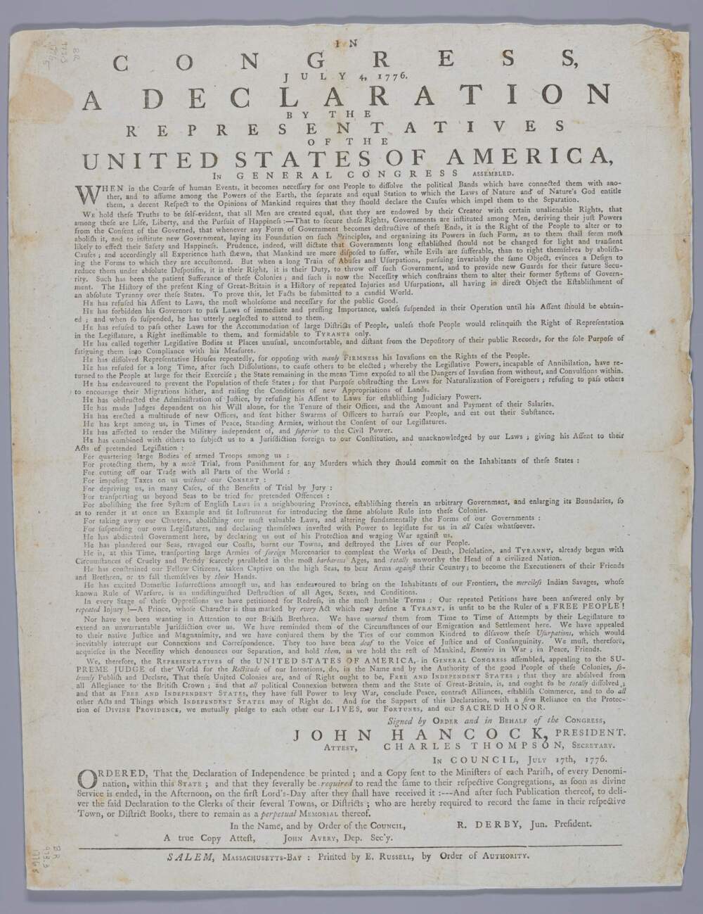 United States Continental Congress; Ezekiel Russell, printer. "In Congress, July 4, 1776. A Declaration by the Representatives of the United States of America," 1776. (Courtesy Phillips Library, Peabody Essex Museum)