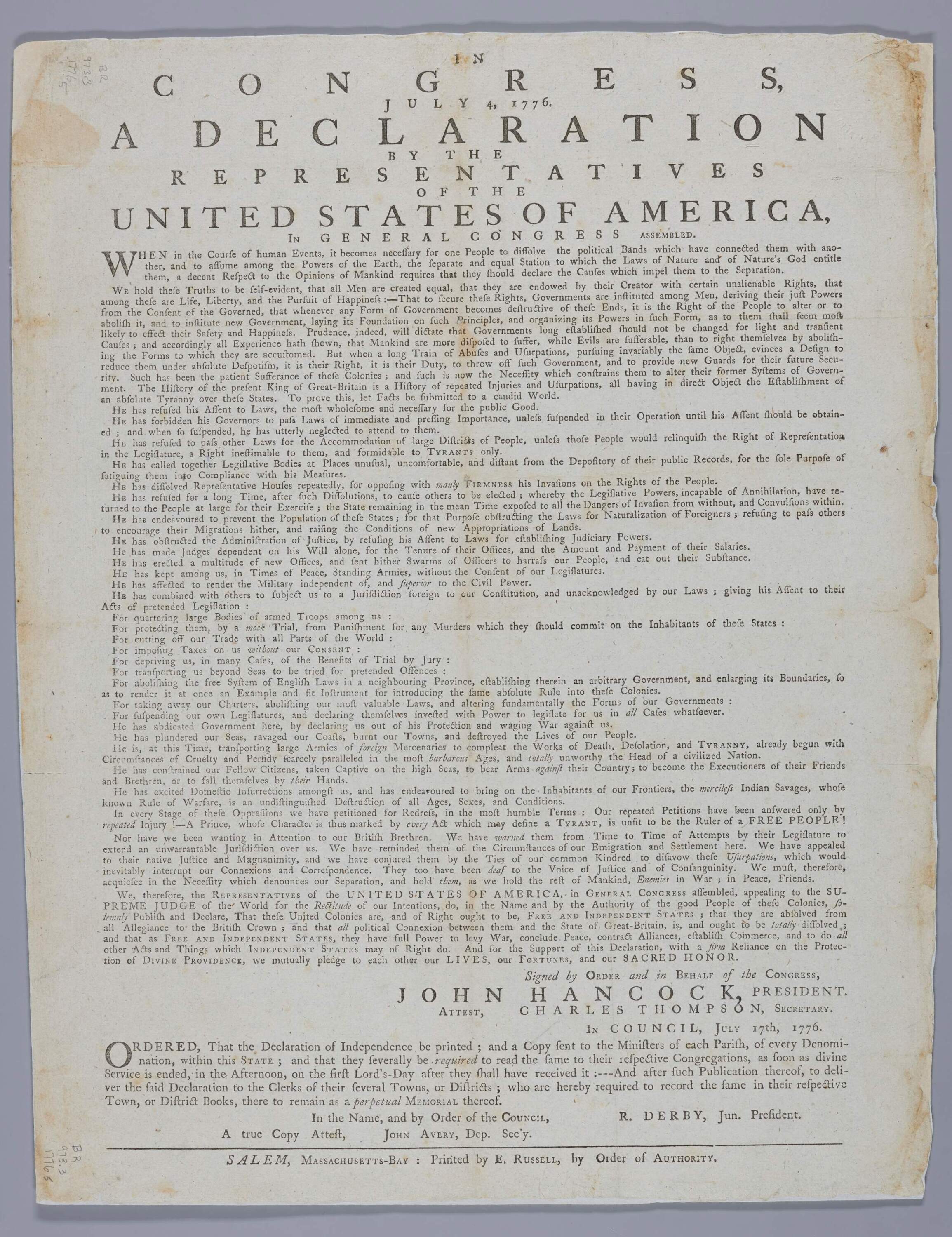 United States Continental Congress; Ezekiel Russell, printer. "In Congress, July 4, 1776. A Declaration by the Representatives of the United States of America," 1776. (Courtesy Phillips Library, Peabody Essex Museum)