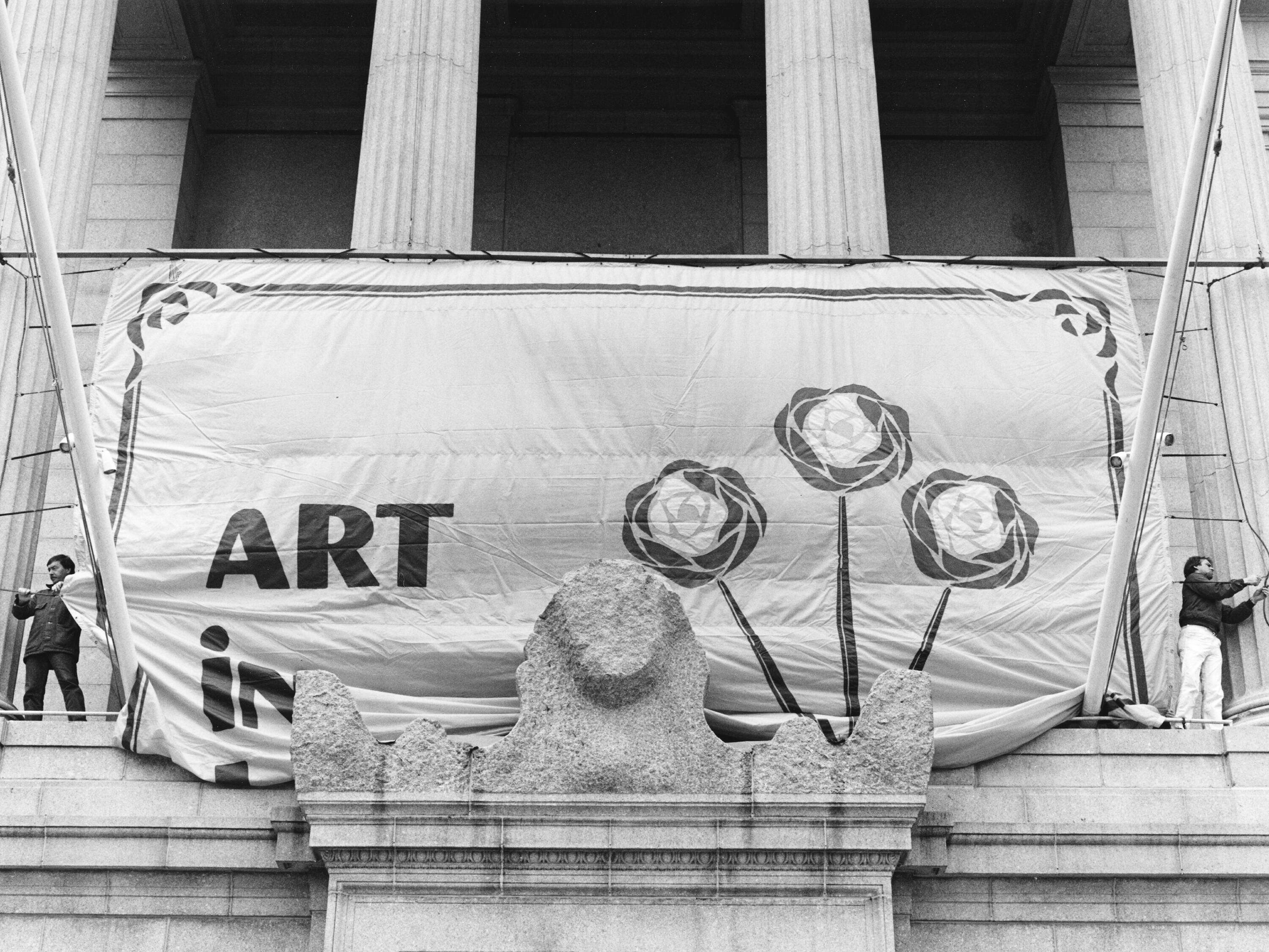 A banner on display for the inaugural “Art in Bloom” celebration in 1976 at the Museum of Fine Arts, Boston. (Courtesy Museum of Fine Arts, Boston)