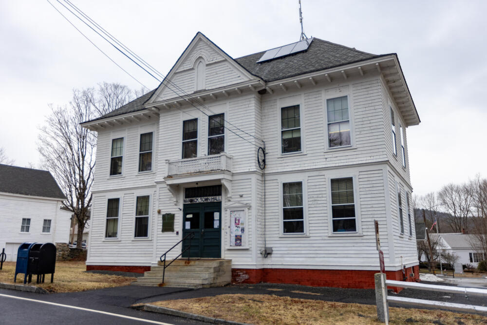 The Warwick Town Hall building has a solar panel installed on the roof. (Jesse Costa/WBUR)