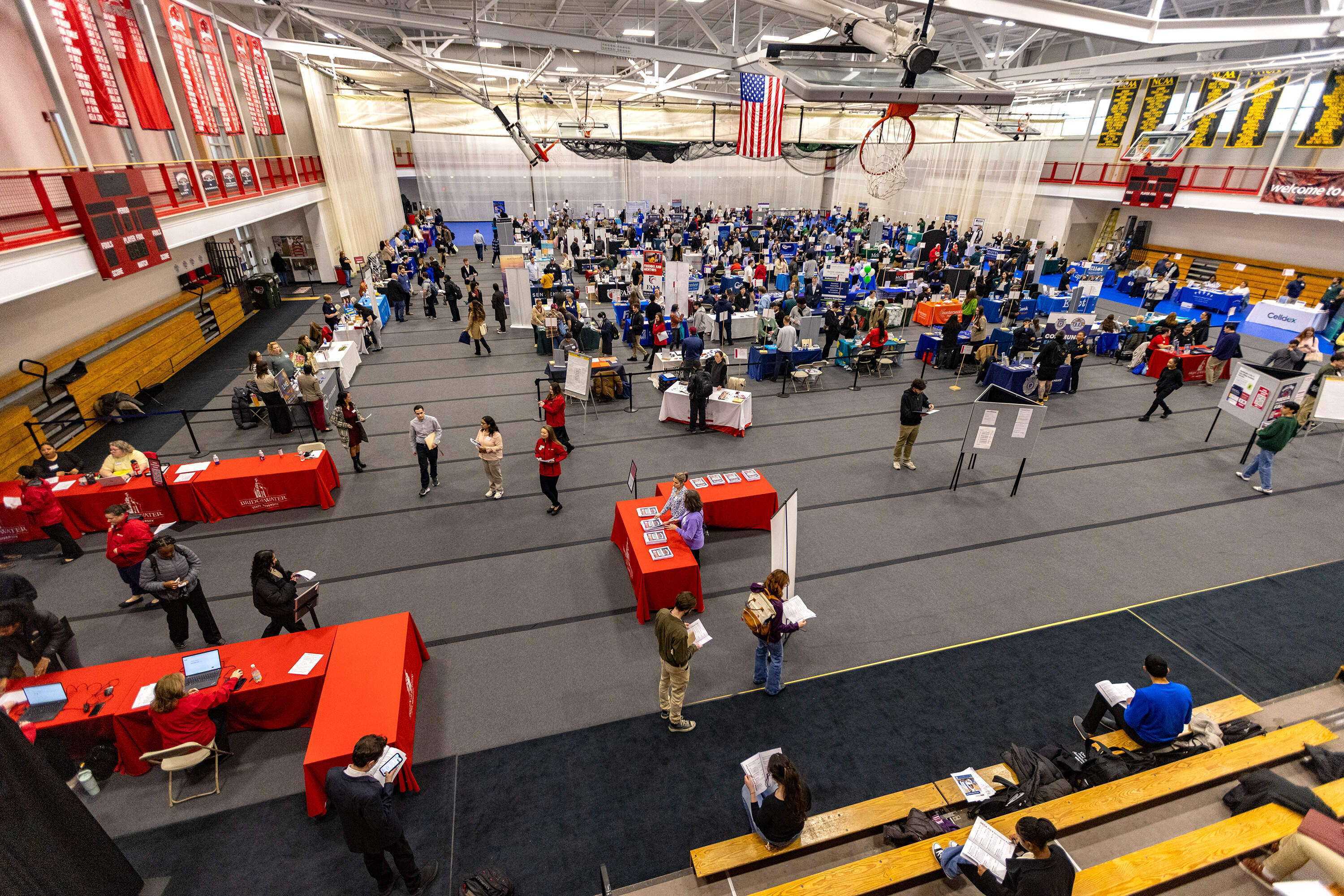 Students swarm the Adrian Tinsley Center during the Bridgewater State University's MEGA Job & Internship Fair. (Jesse Costa/WBUR)