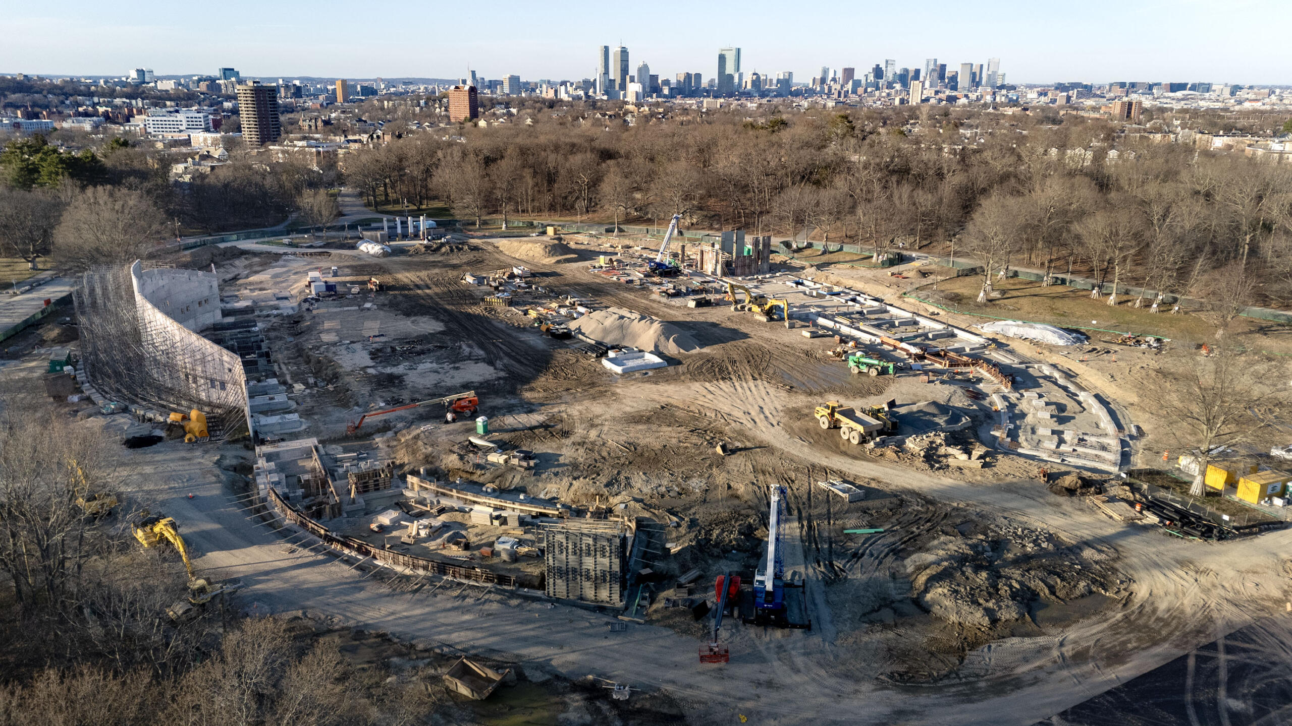 Construction gets underway at the new White Stadium in Boston's Franklin Park. (Robin Lubbock/WBUR)