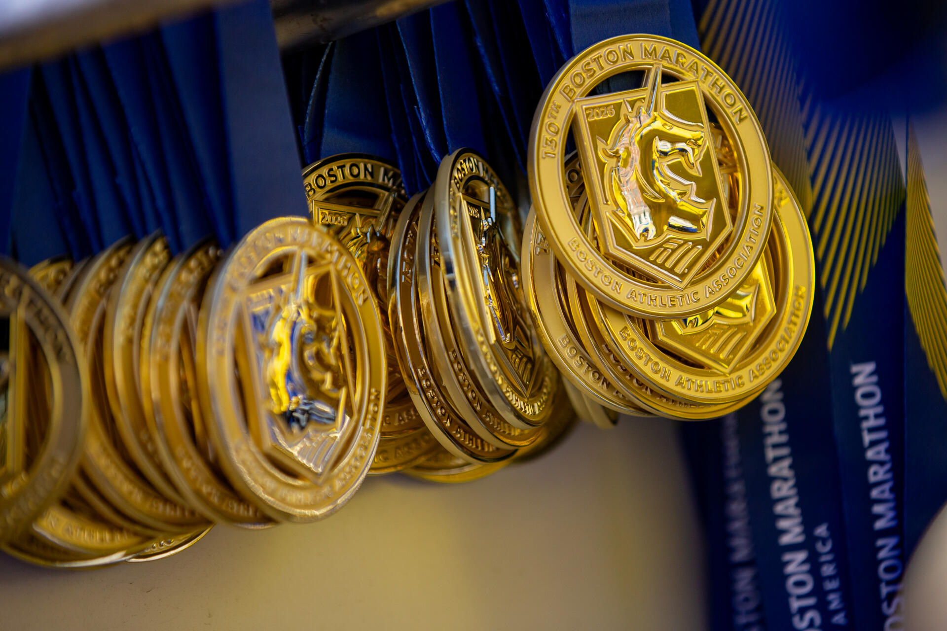 The 2026 Boston Marathon medals before the race. (Jesse Coista/WBUR)