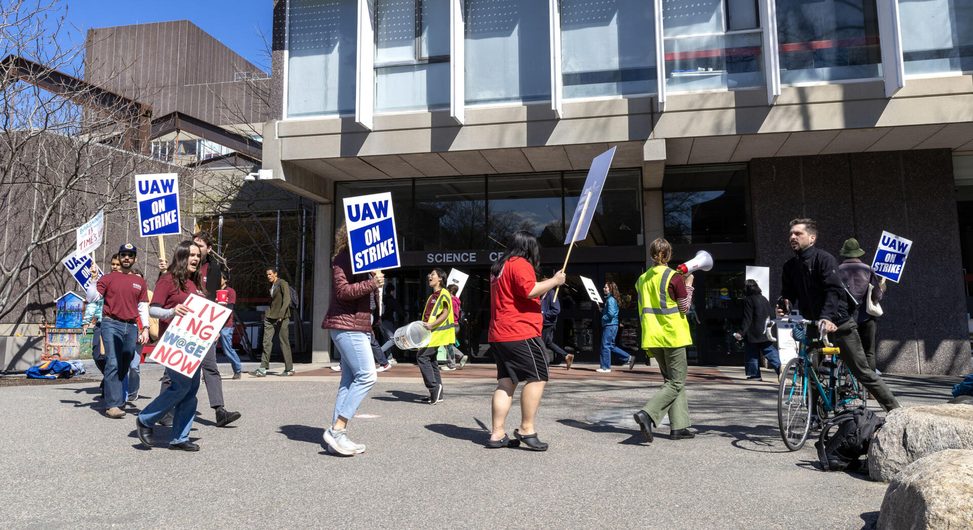 Harvard graduate student workers picketing outside Science Center