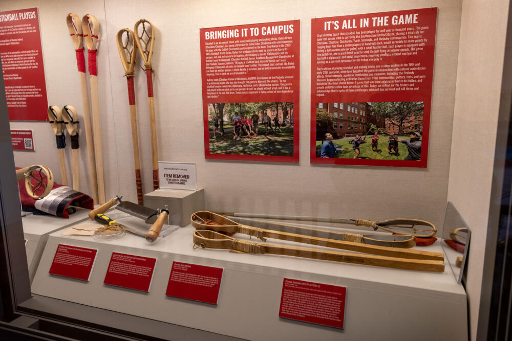Ballsticks and the some of the tools that make them, at the "Stickball @ Harvard" exhibit at Harvard's Peabody Museum, in Cambridge. (Robin Lubbock/WBUR)