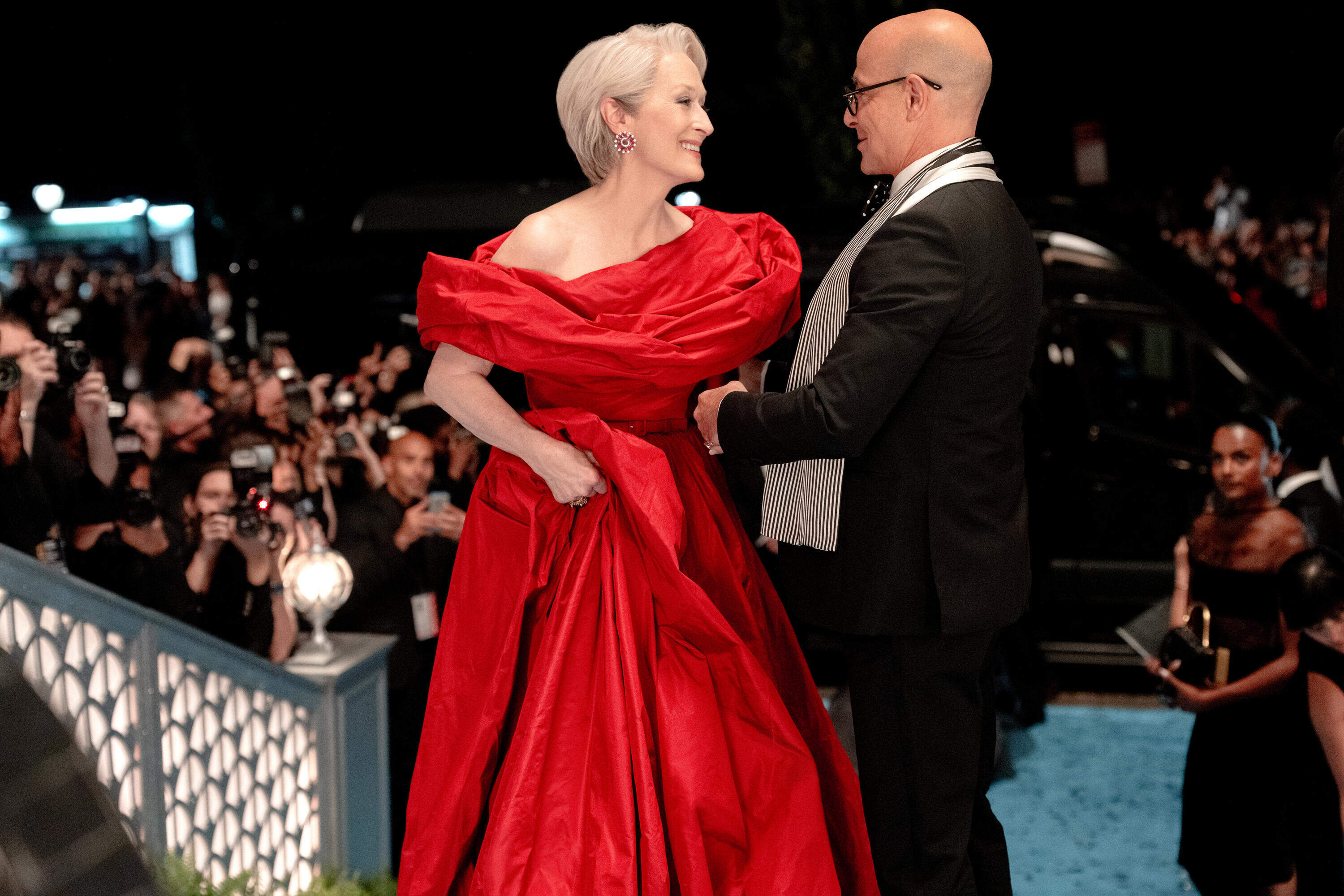 From left, Meryl Streep and Stanley Tucci in "The Devil Wears Prada 2." (Courtesy Macall Polay/20th Century Studios)
