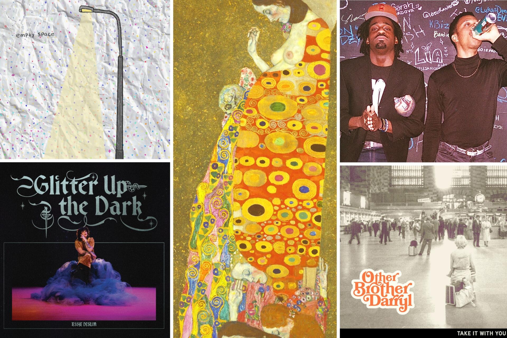 Album covers clockwise from top left: Jesus The Dinosaur's "Empty Space" (Courtesy Hannah Foxman); Eric Hofbauer and EHX's "Tongues / Hope Language" (Gustav Klimt's "Hope II"); ET &amp; Haasan Barclay's "Bell Biv Barclay" (Courtesy Sun Brown); Other Brother Darryl's "Take It With You" (Courtesy Dan Cederholm); and Jessye DeSilva's “Glitter Up the Dark” (Courtesy Adam Gurczak/Almanak Creative).