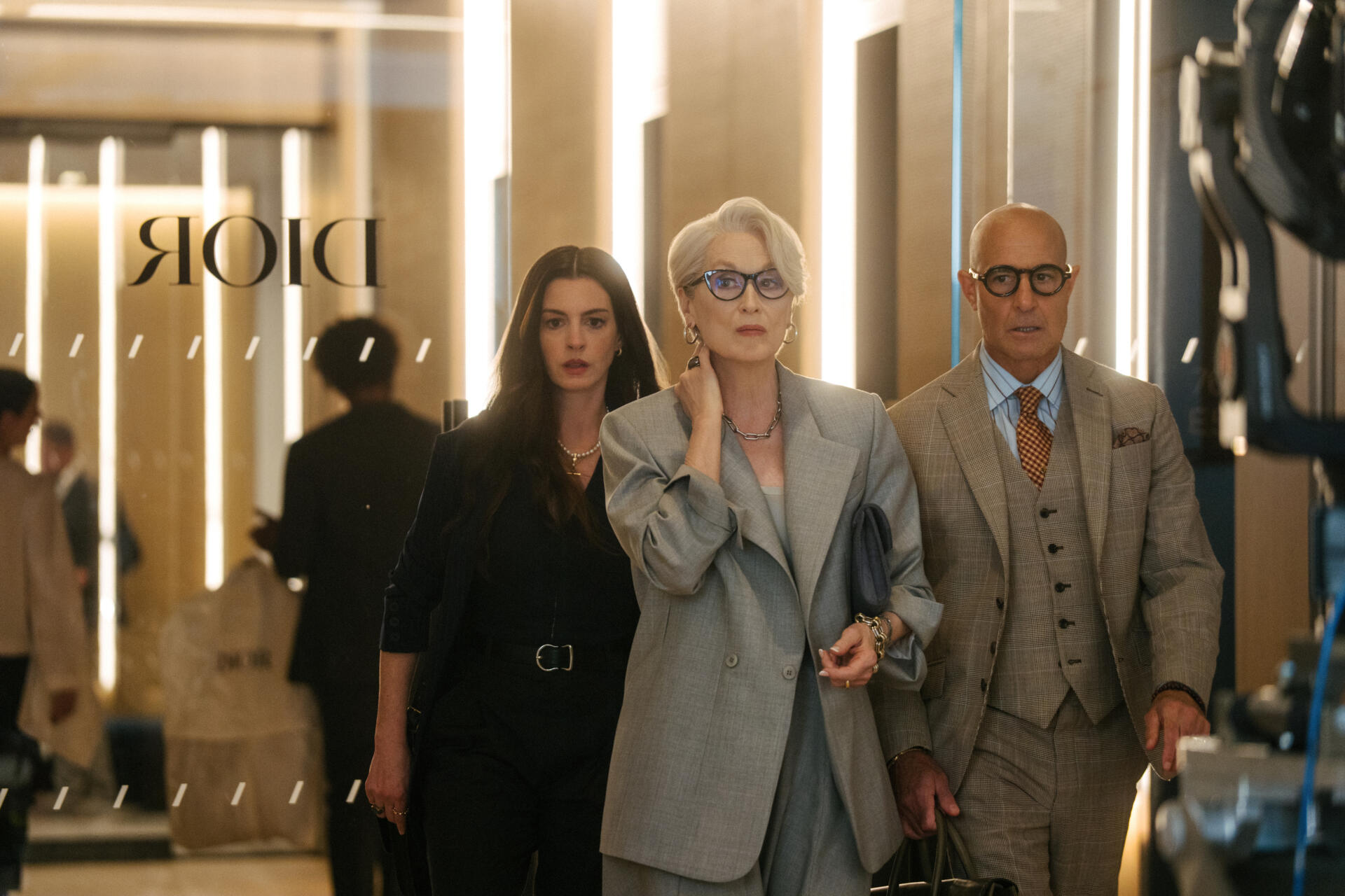 From left, Anne Hathaway, Meryl Streep and Stanley Tucci in "The Devil Wears Prada 2." (Courtesy Macall Polay/20th Century Studios)