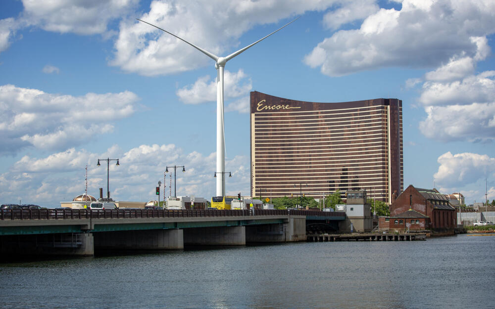 A wind turbine at the Encore Boston Harbor in Everett, Mass. (Robin Lubbock/ WBUR)