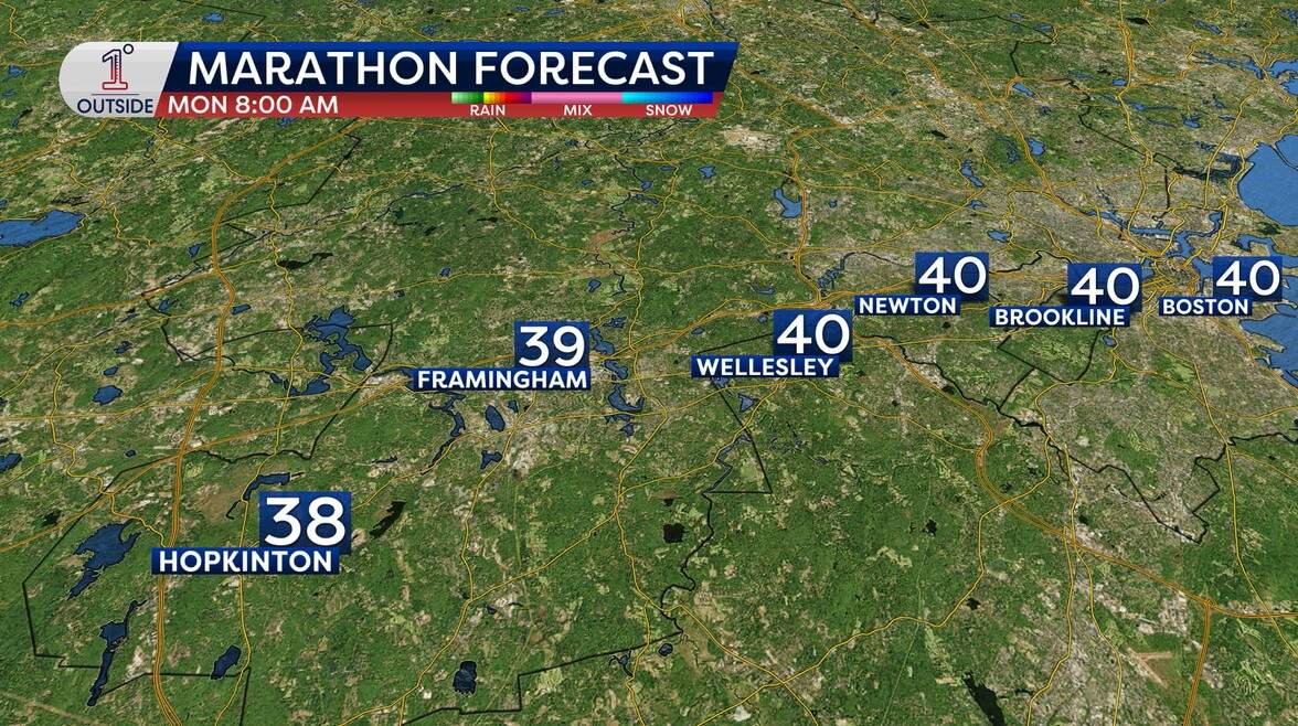 Temperatures on race day along the marathon route at 9 a.m. (Danielle Noyes/1DegreeOutside)