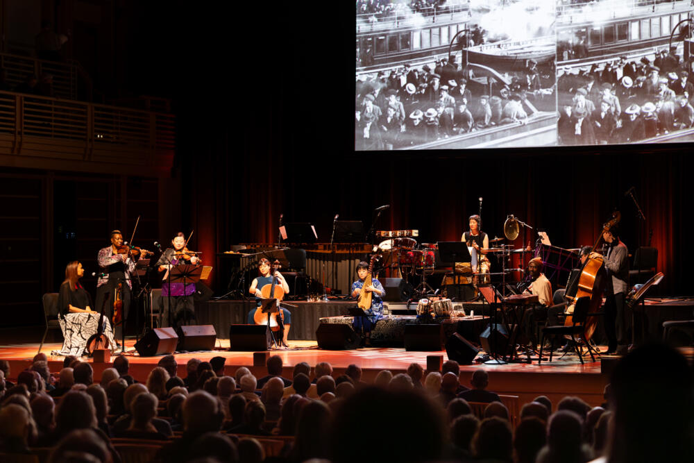 Silkroad Ensemble with Rhiannon Giddens performing "American Railroad." (Courtesy Brennan Spark)