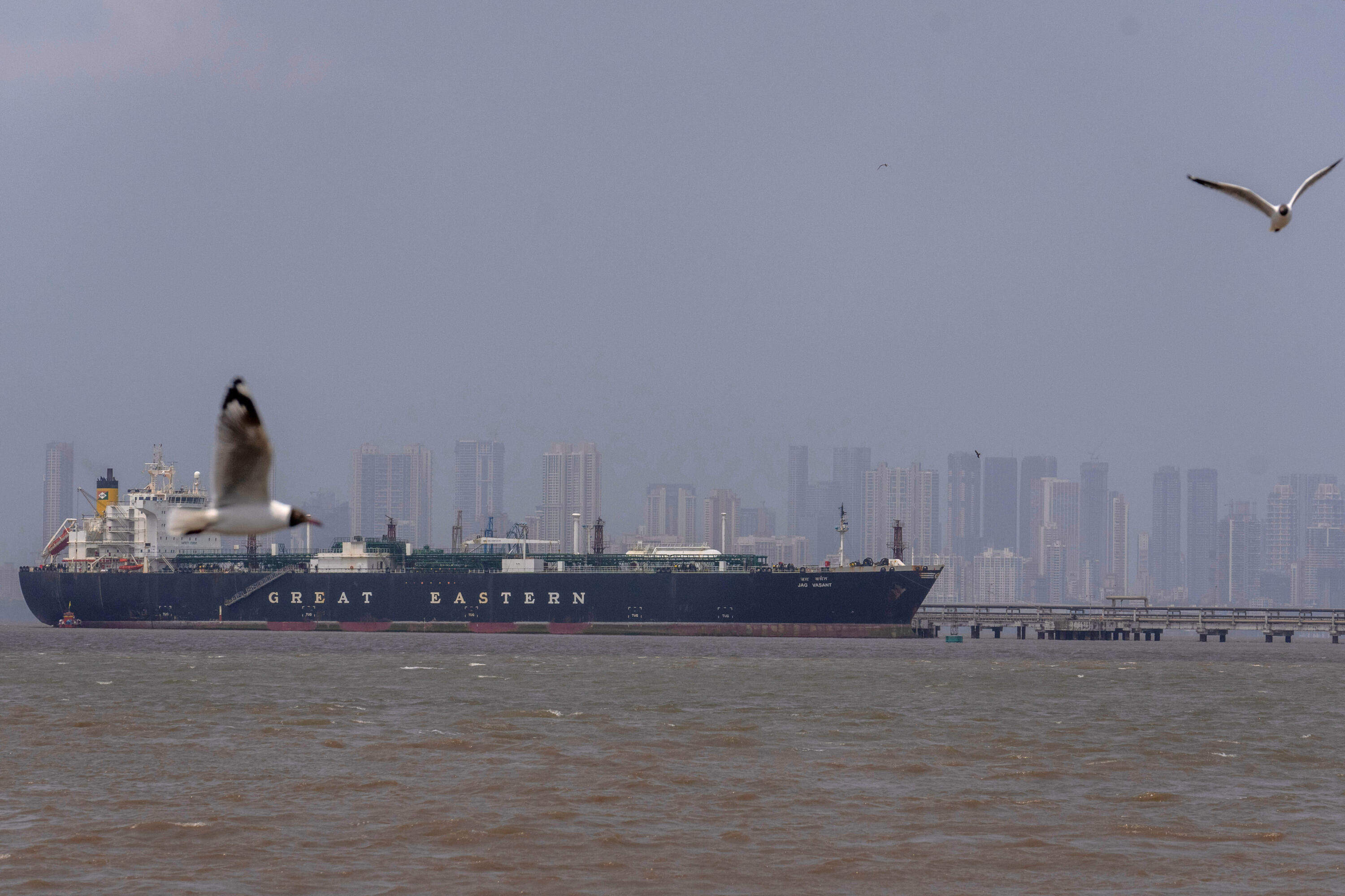 The Indian flagged LPG carrier Jag Vasant transporting liquefied petroleum gas, is seen at the Mumbai Port in Mumbai, India, after it arrived clearing the Strait of Hormuz, Wednesday, April 1, 2026. (Rafiq Maqbool/AP)